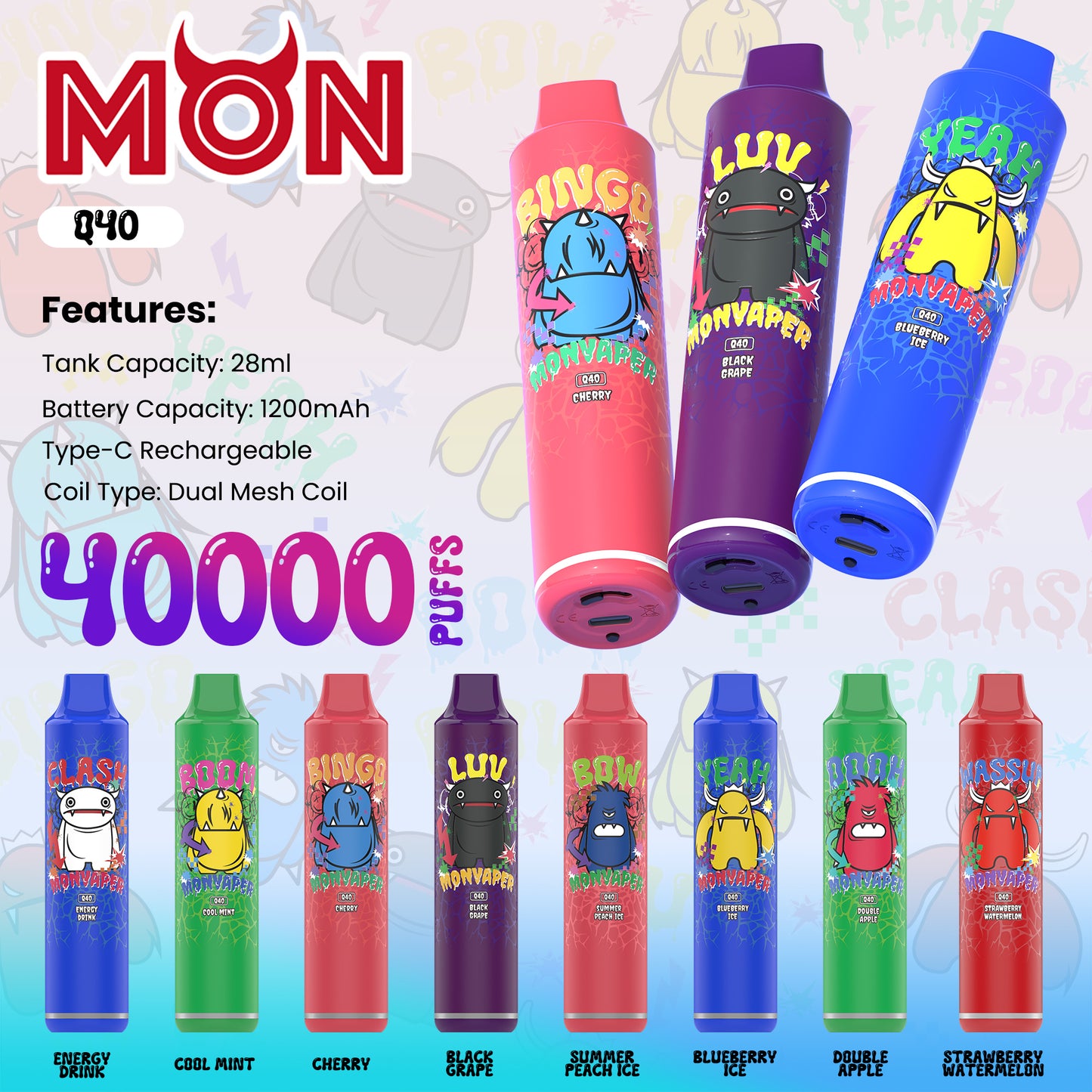 MON Q40 | 40K Puff Power Stick with Dual Mesh Coils & Consistent Flavor Delivery